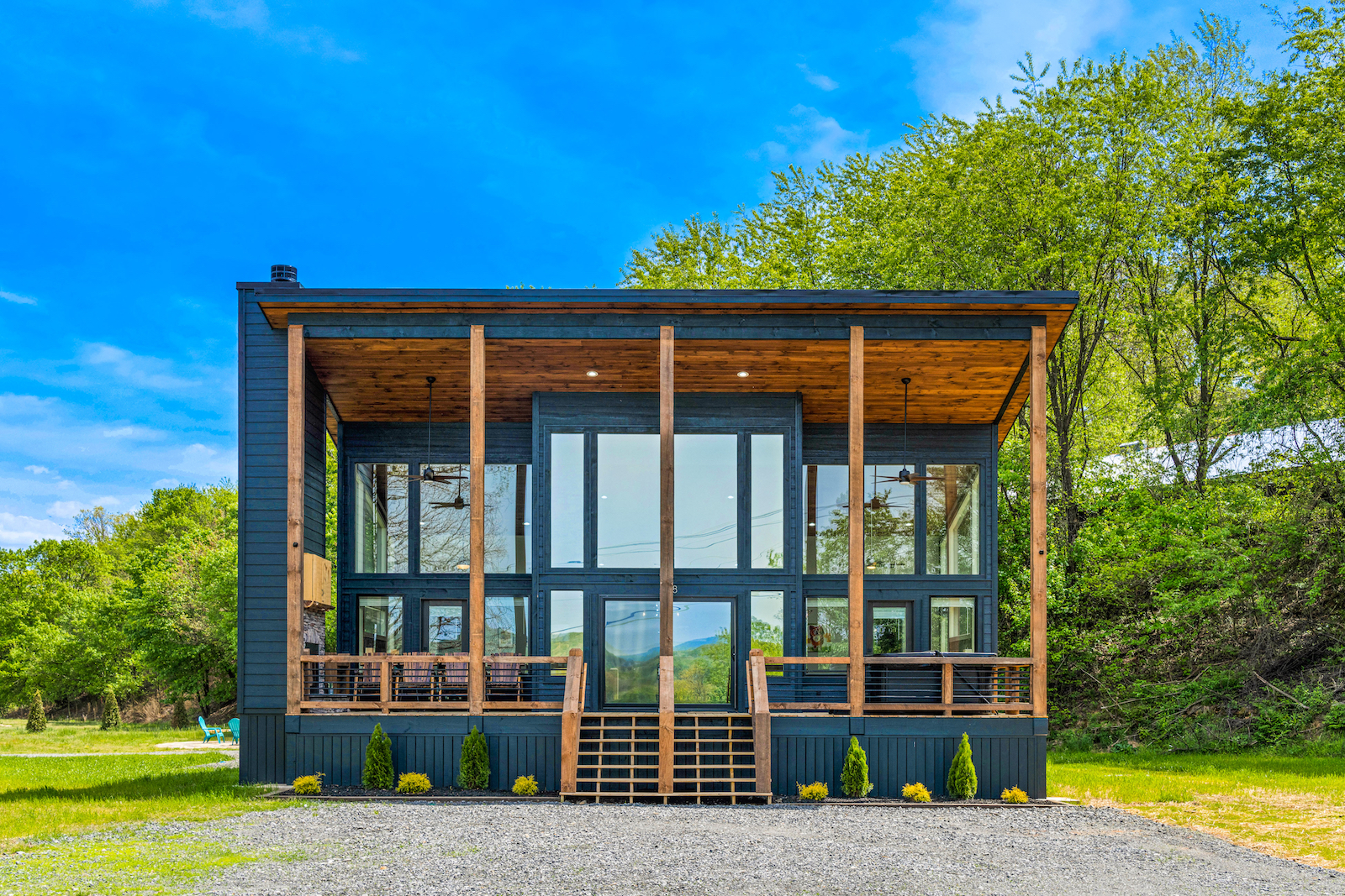The exterior of modern cabin rental in Blue Ridge, GA.