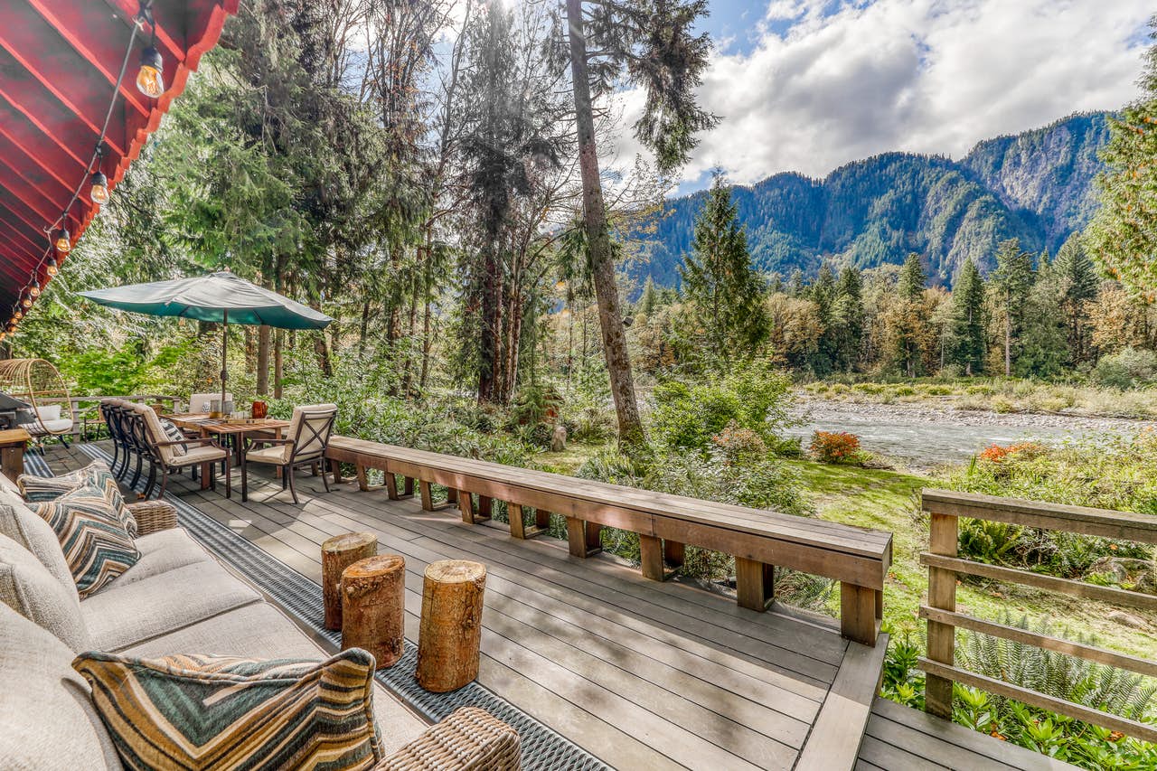 back deck of vacation rental facing river in North Cascades National Park