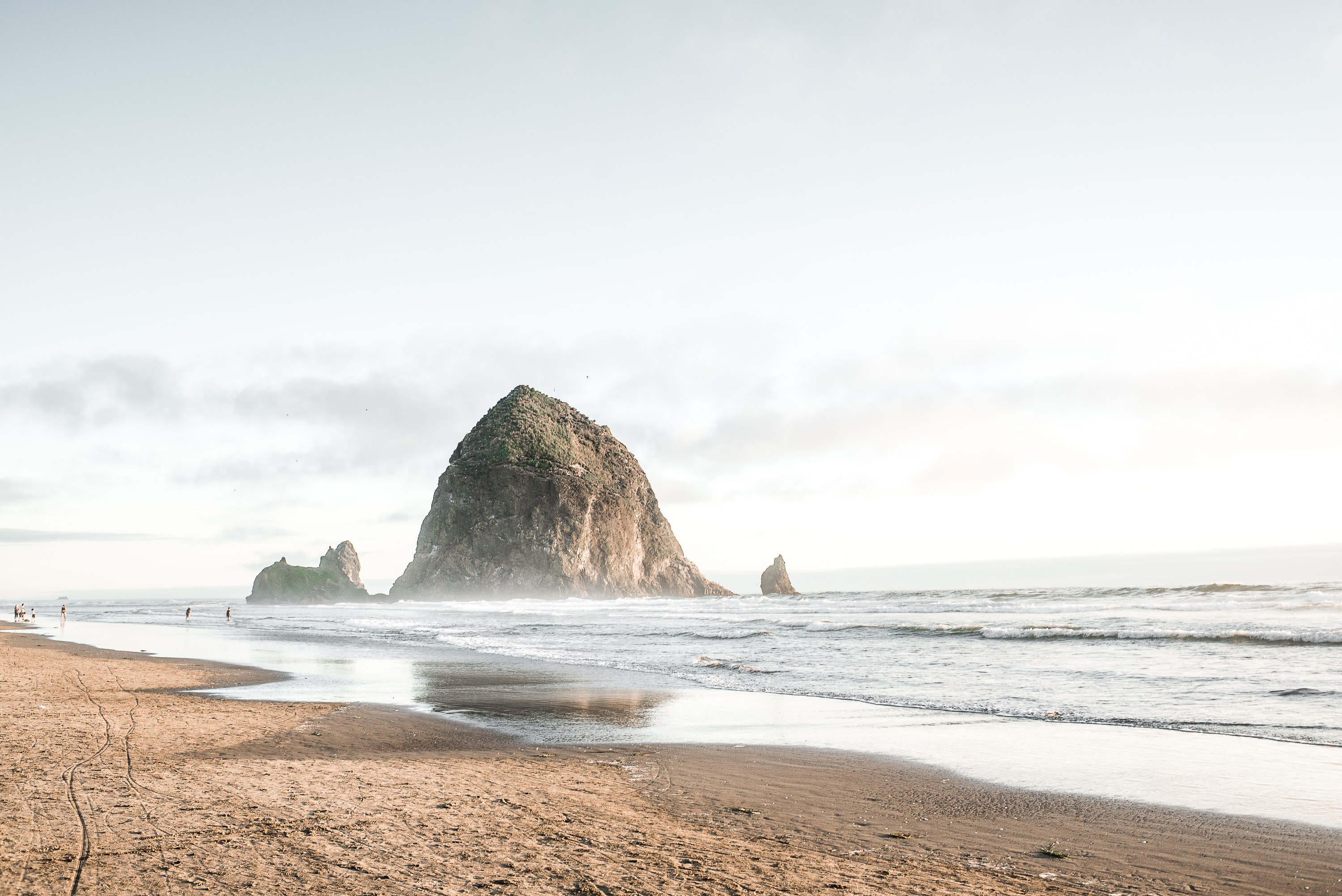 Haystack Rock on the Oregon Coast in Cannon Beach on a foggy day