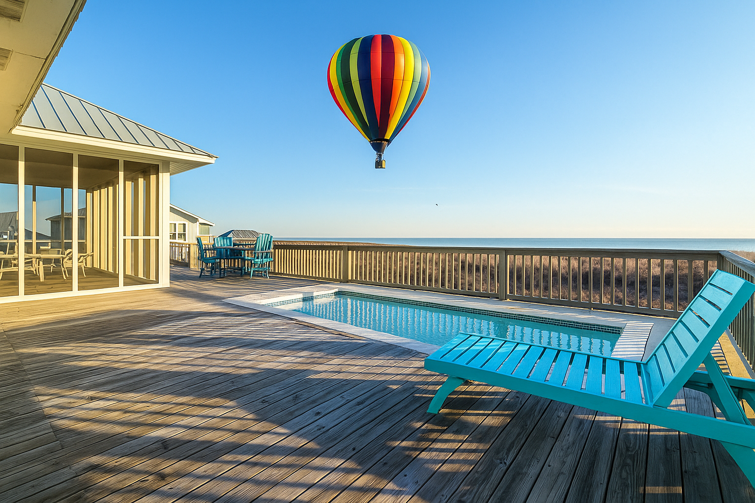 The deck with a pool overlooking the ocean with an air balloon.