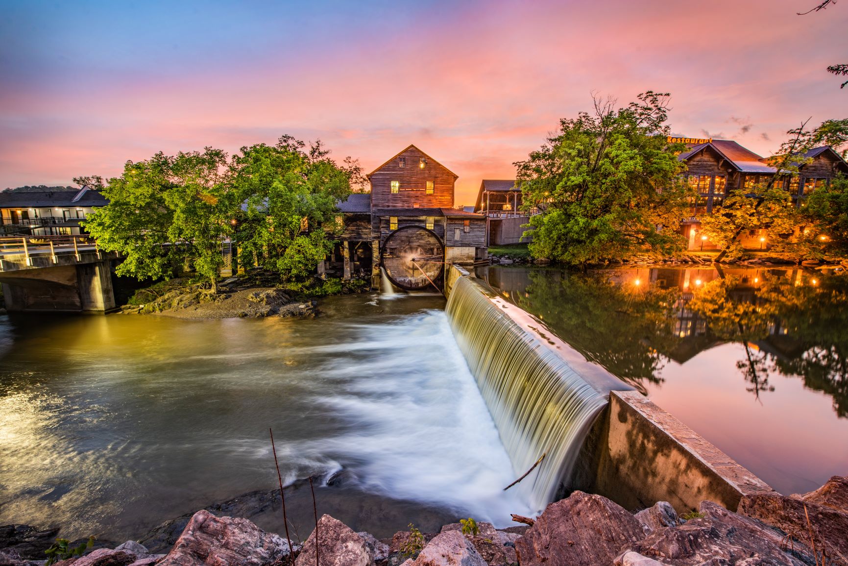 mill along river in pigeon forge, tn