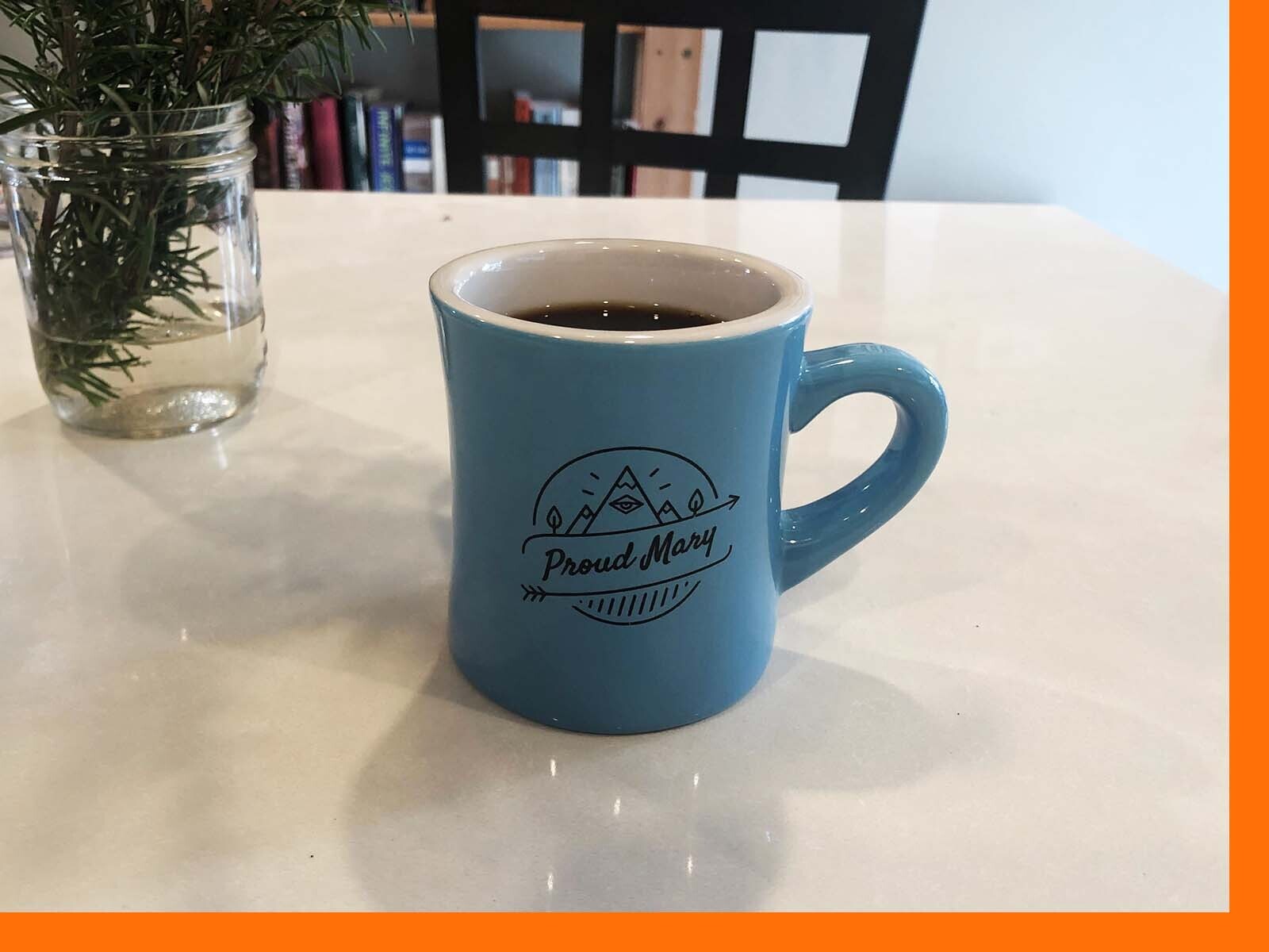 Mug of coffee from Proud Mary in Portland, Oregon