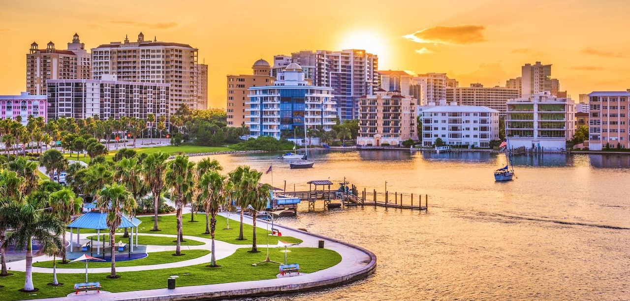 Shot of Sarasota marina and park at dusk