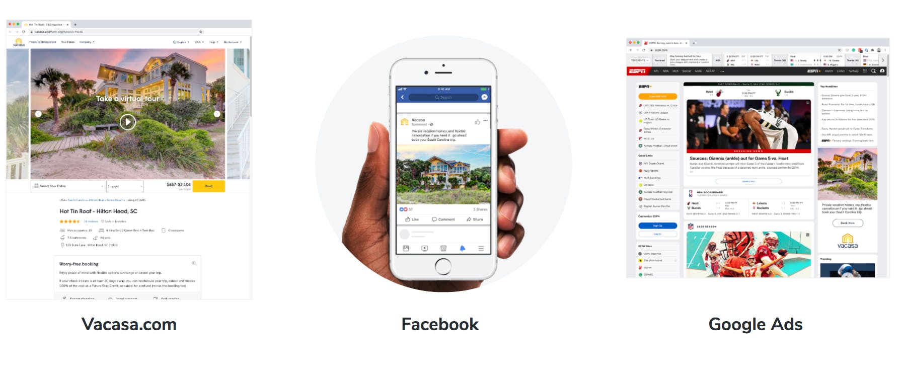 Vacasa listing page, person holding a phone with Facebook on screen, listing advertisement with Google Ads