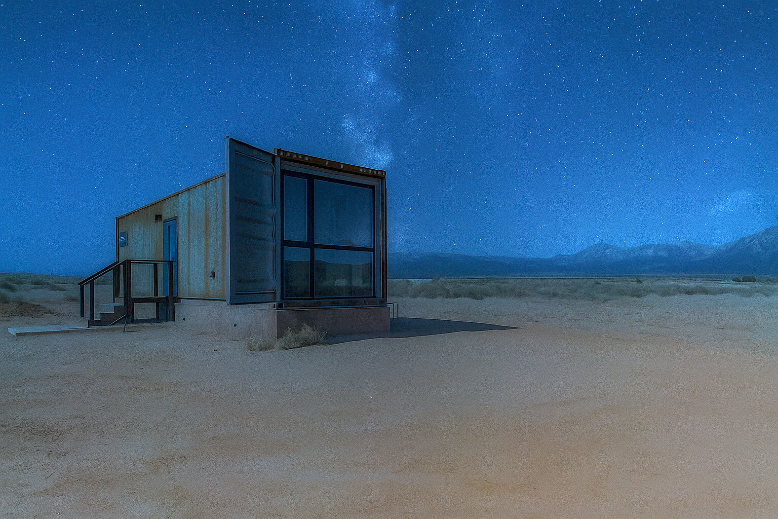 A container home at night