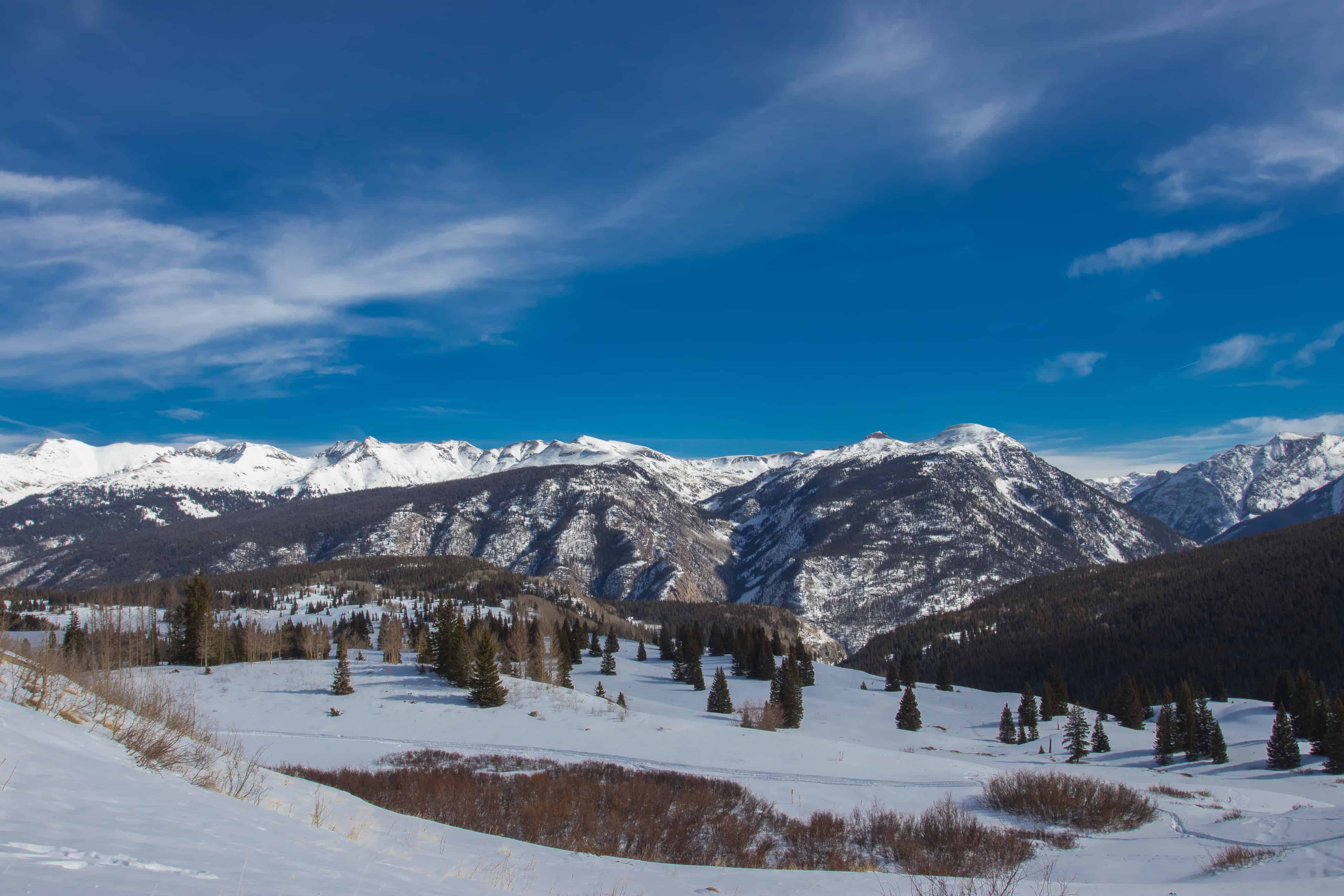 the snowcapped mountains and pine trees of telluride, colorado
