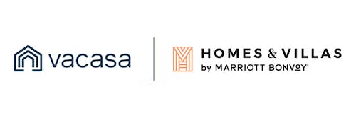 Logos for Vacasa and Homes & Villas by Marriott Bonvoy®