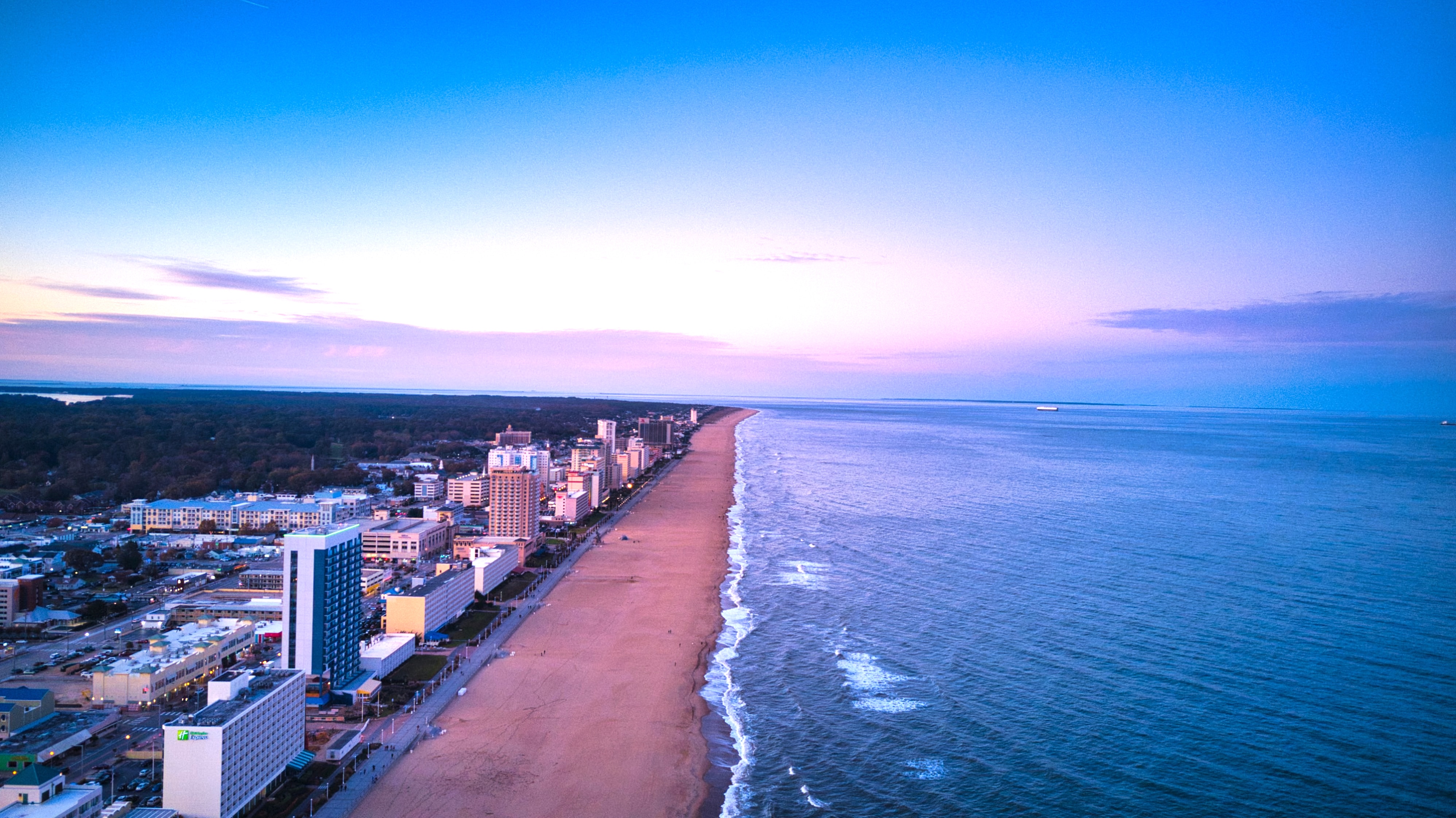 Aerial view of the Virginia Beach, Virginia oceanfront at sunrise or sunset