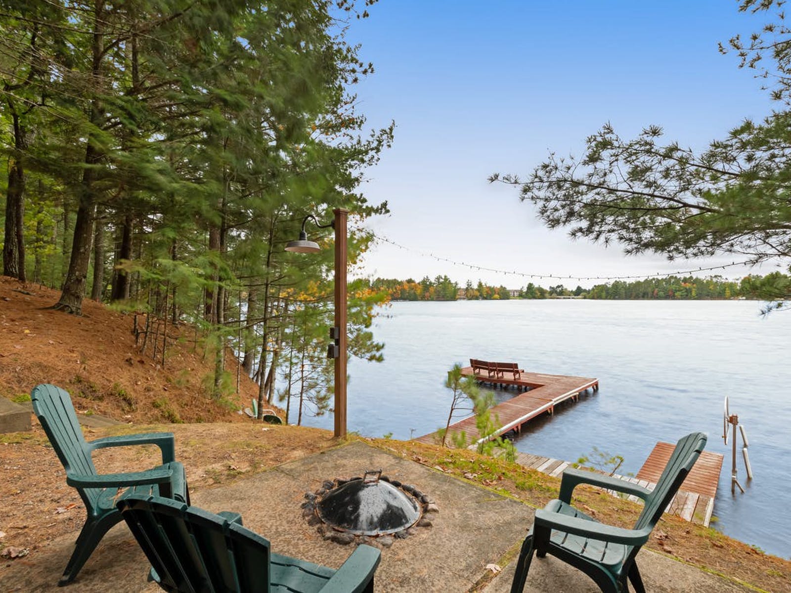waterfront cabin in Wisconsin with firepit and dock