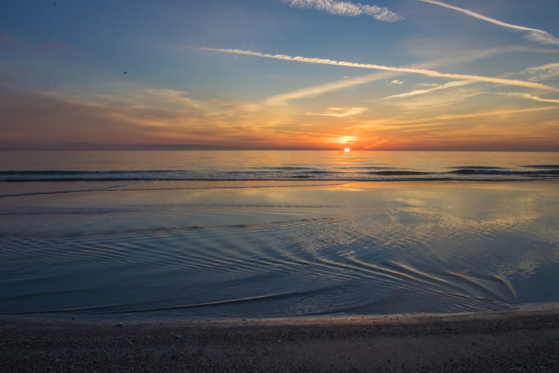 An evening sunset at the beach with calm water in Tampa, FL.