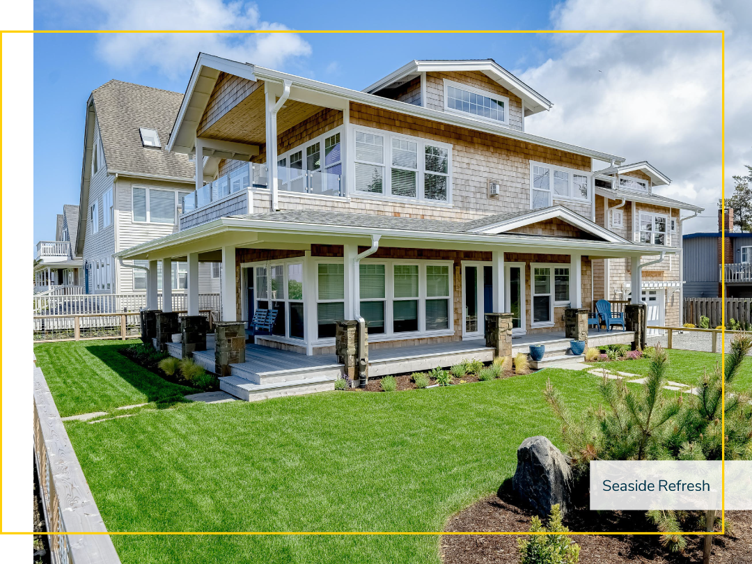 Vacation home with a well-groomed lawn in a neighborhood on a sunny day.