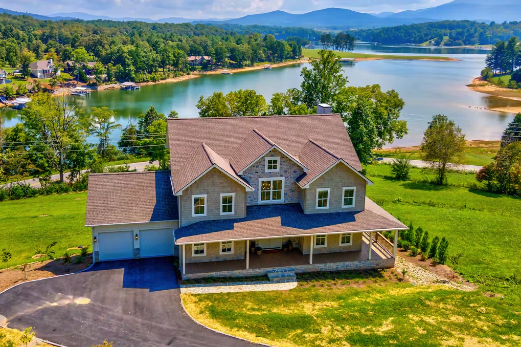 Lakefront vacation home in Blairsville, GA on a sunny day