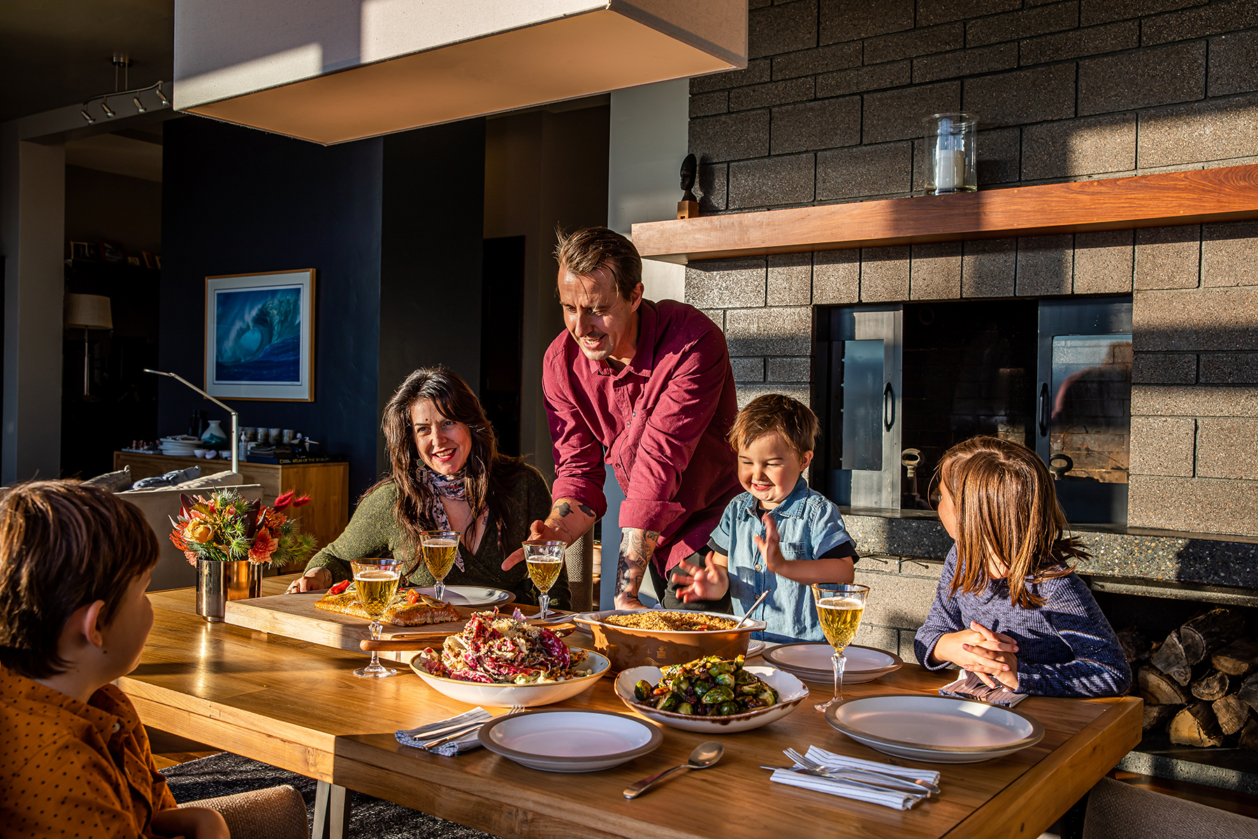 chef gabriel rucker and family at the dinner table