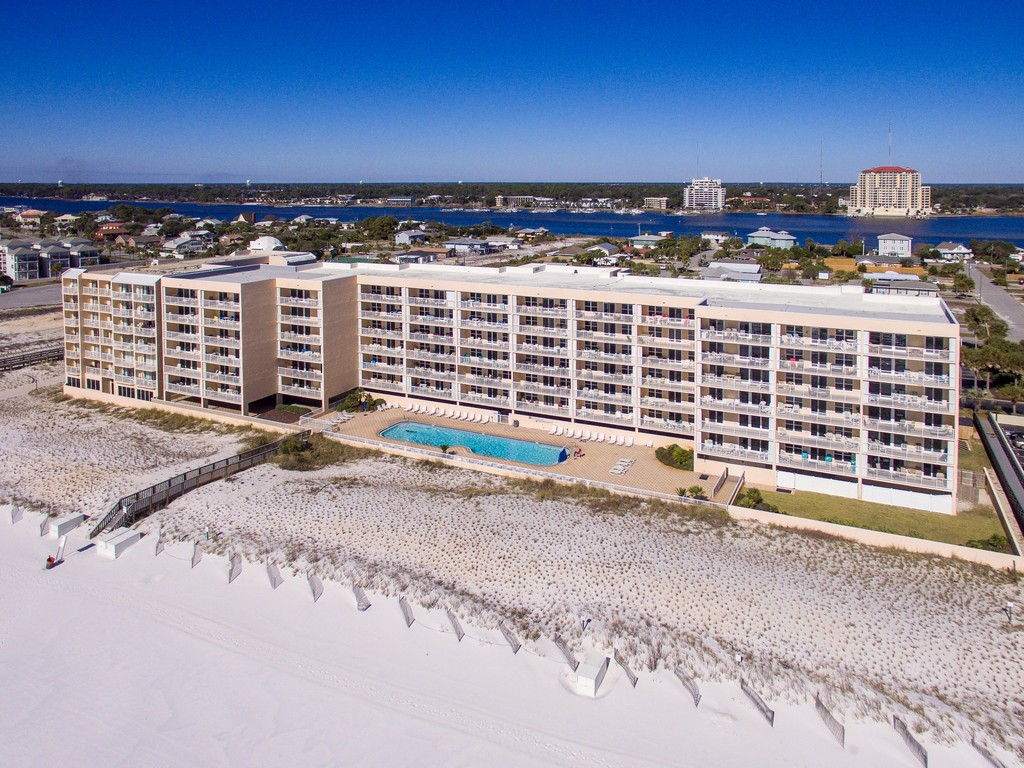 aerial view of the islander beach resort with large outdoor pool