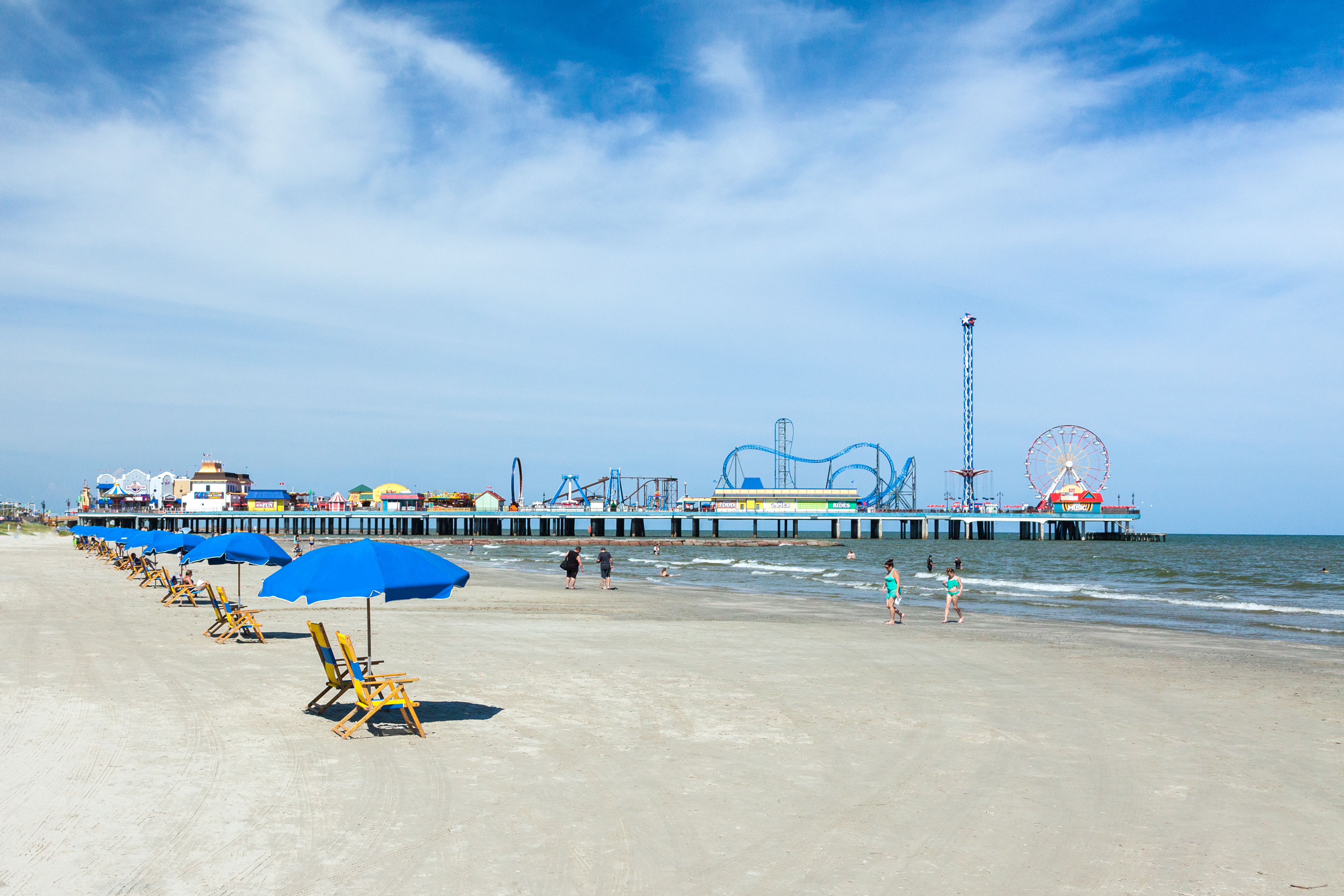 Pier with roller coasters along the Texas Gulf Coast