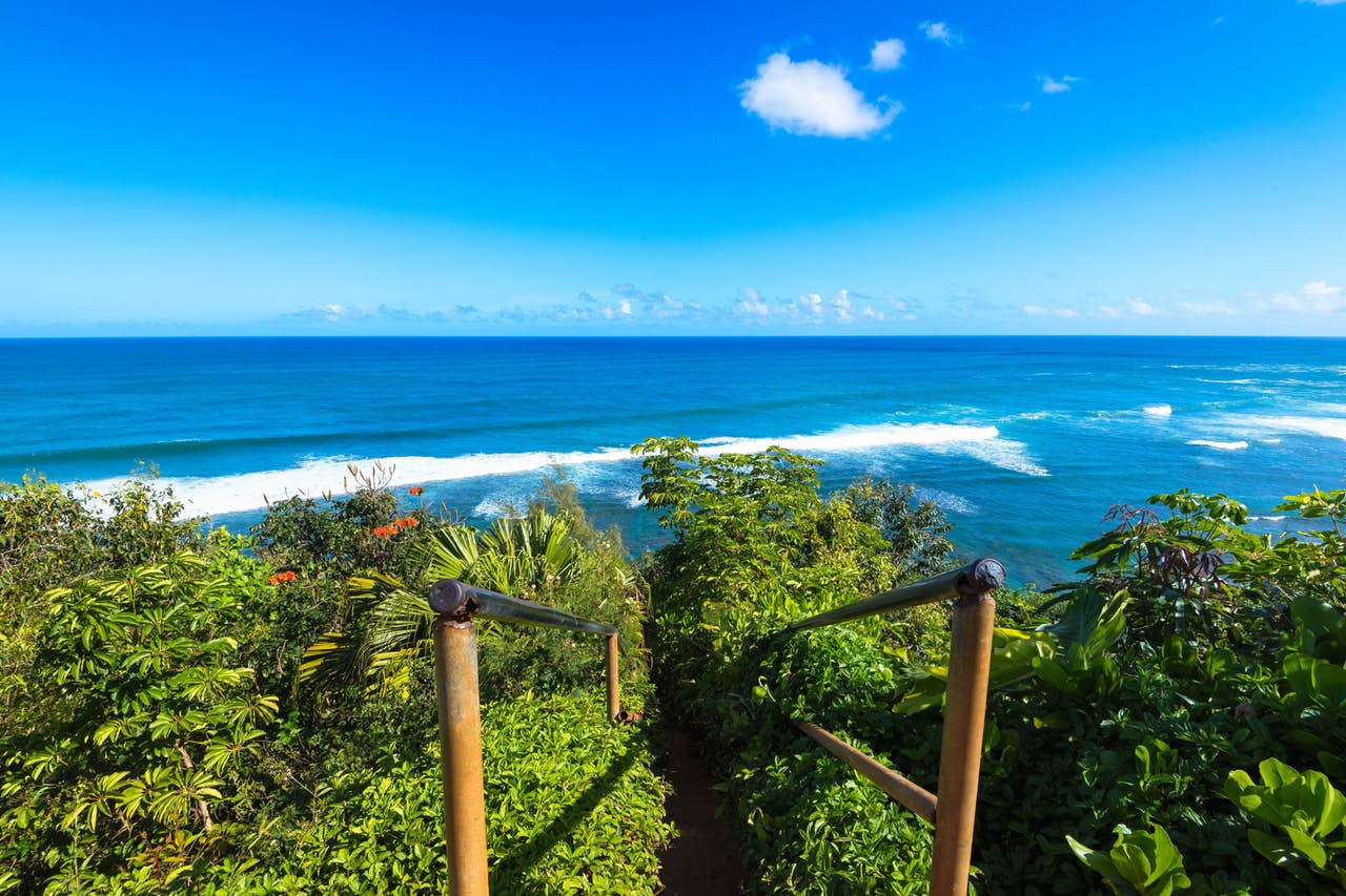 Stairway in Hawaii surrounded by lush scenery that leads to the ocean