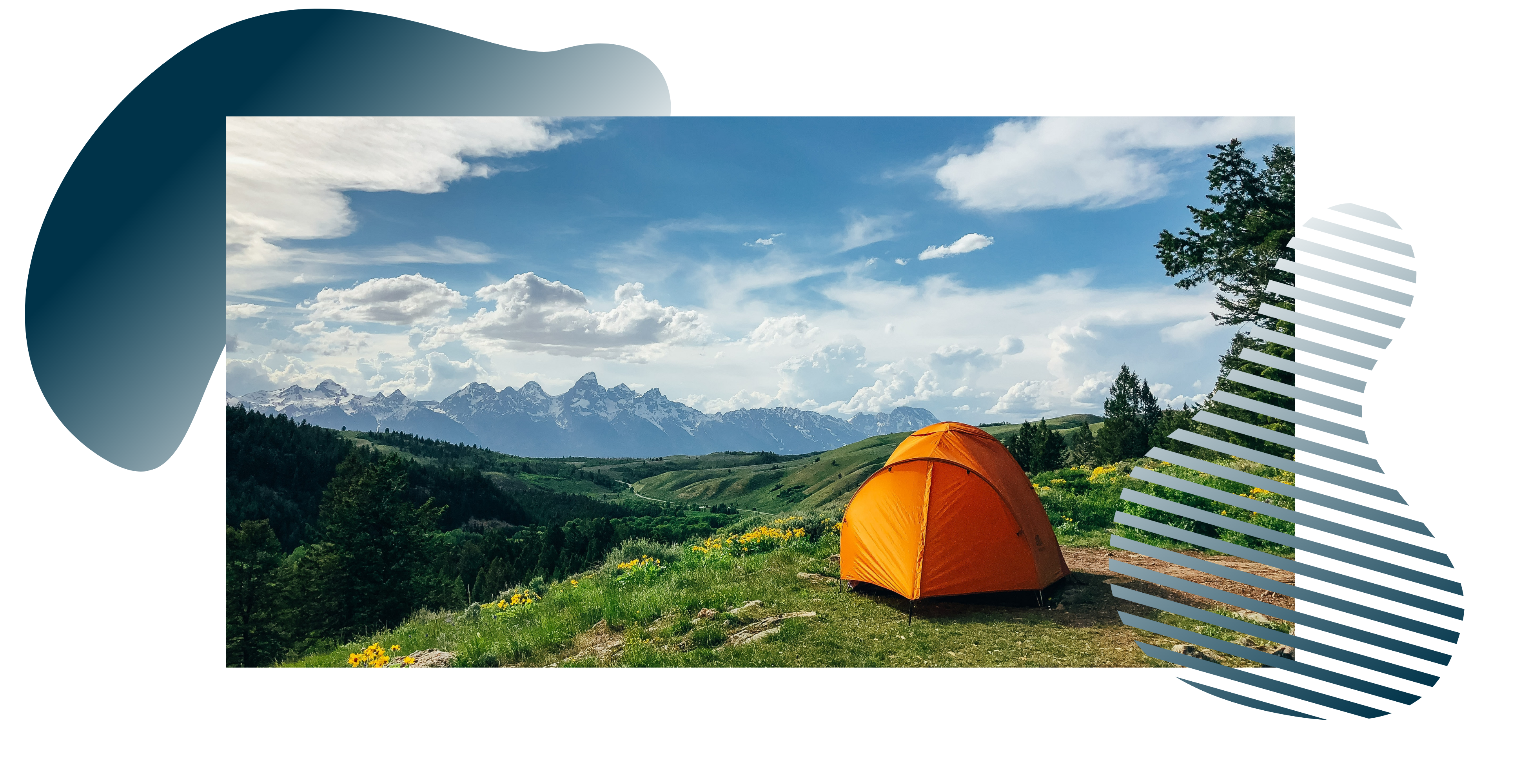 orange tent with a view of the tetons in Wyoming