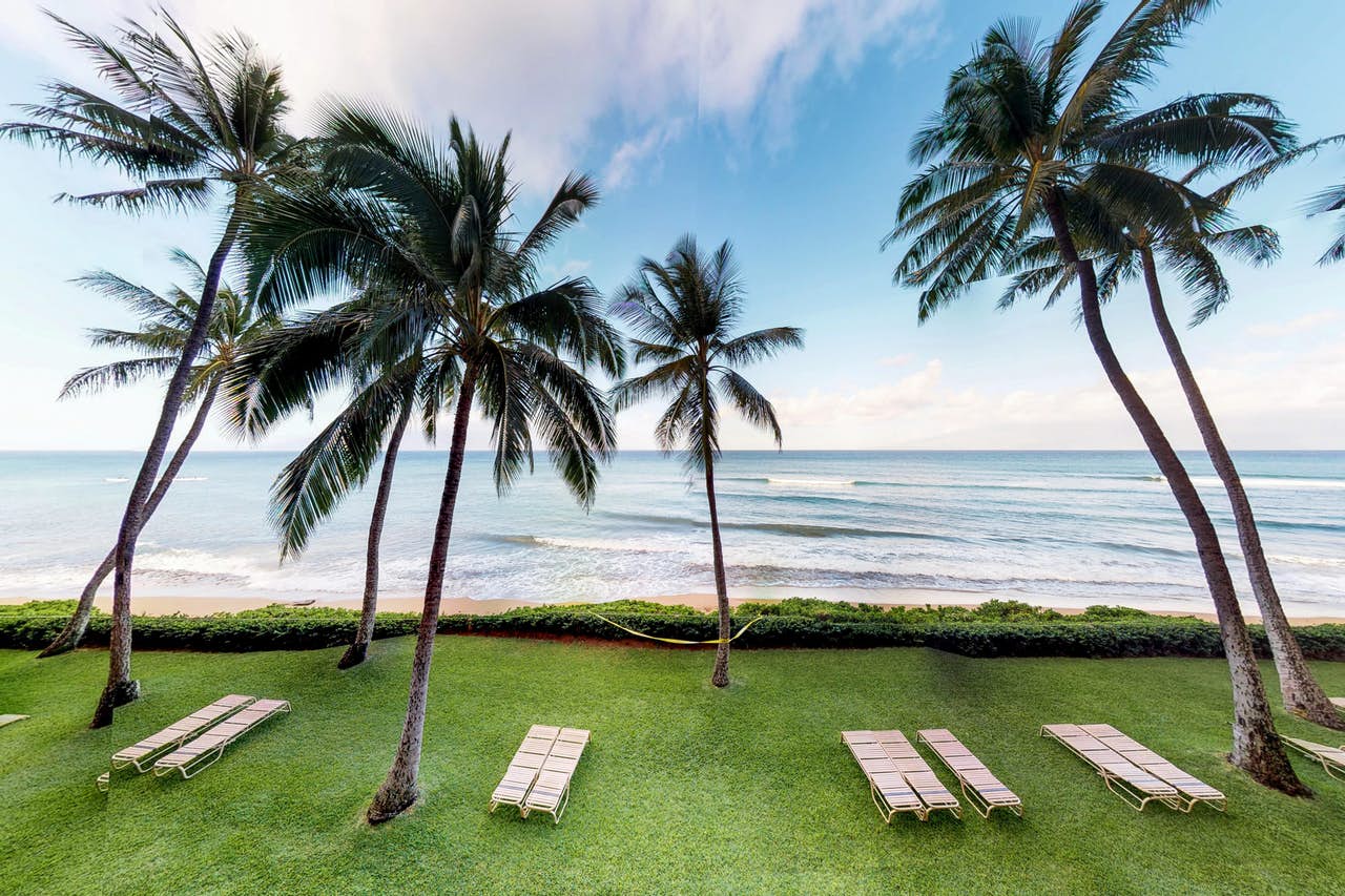 Green grass, palm trees and ocean waves of Lahaina