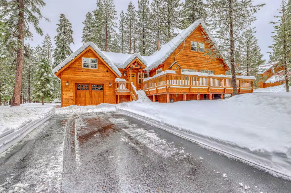 cabin in lake tahoe covered in snow