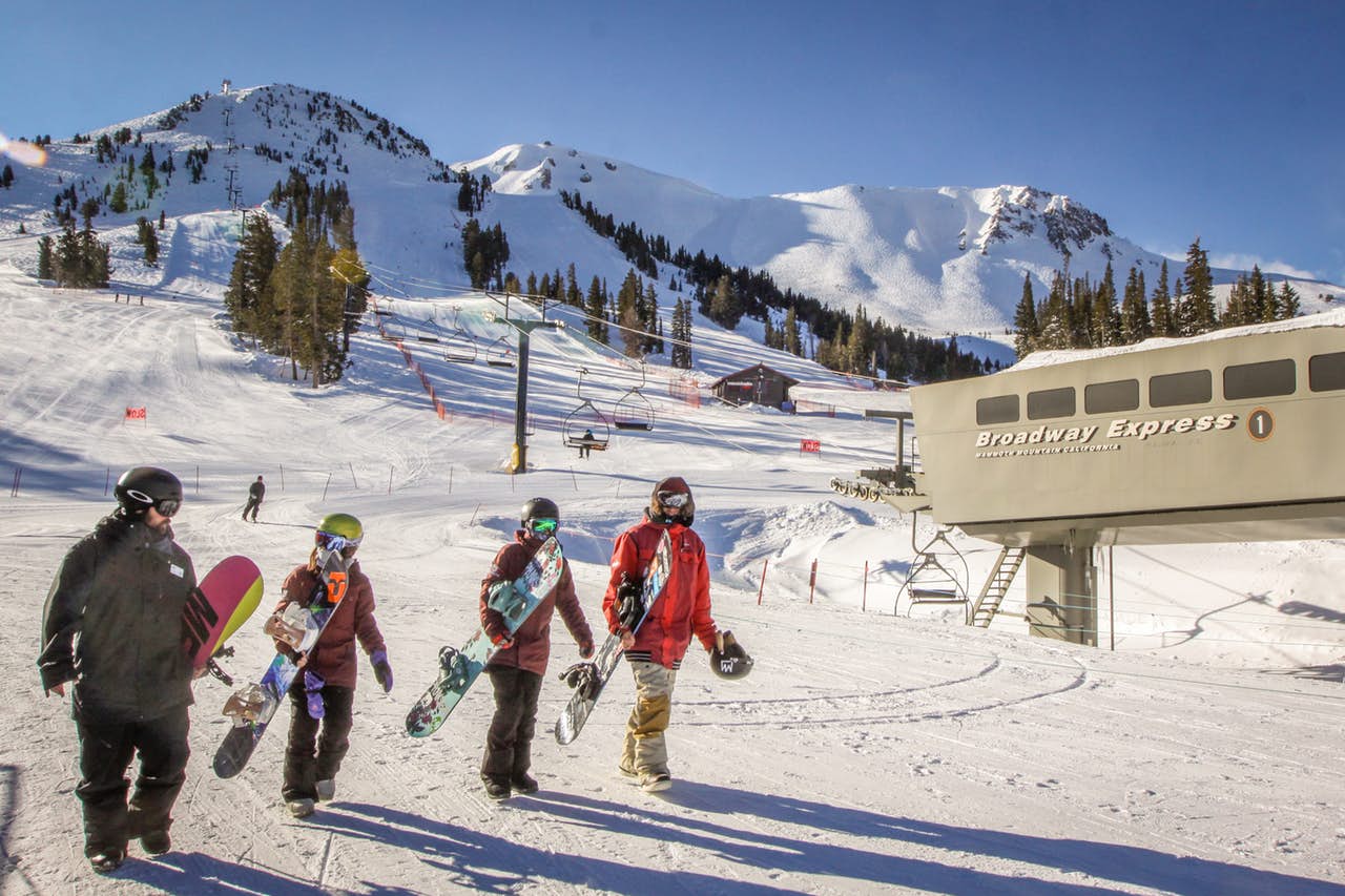 a group of snowboarders walking to the lift on Mammoth Mountain