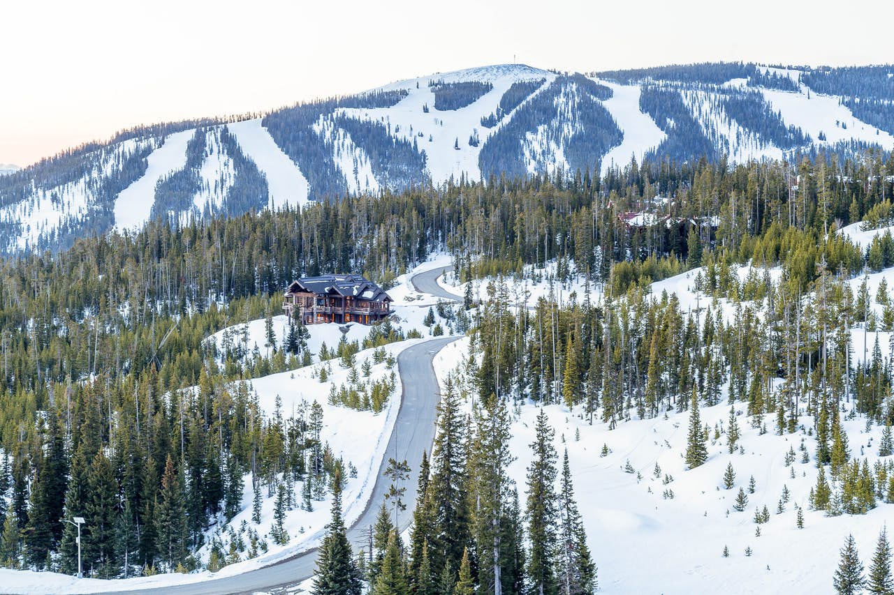 arial view of the road leading to Moonlight Basin in Big Sky