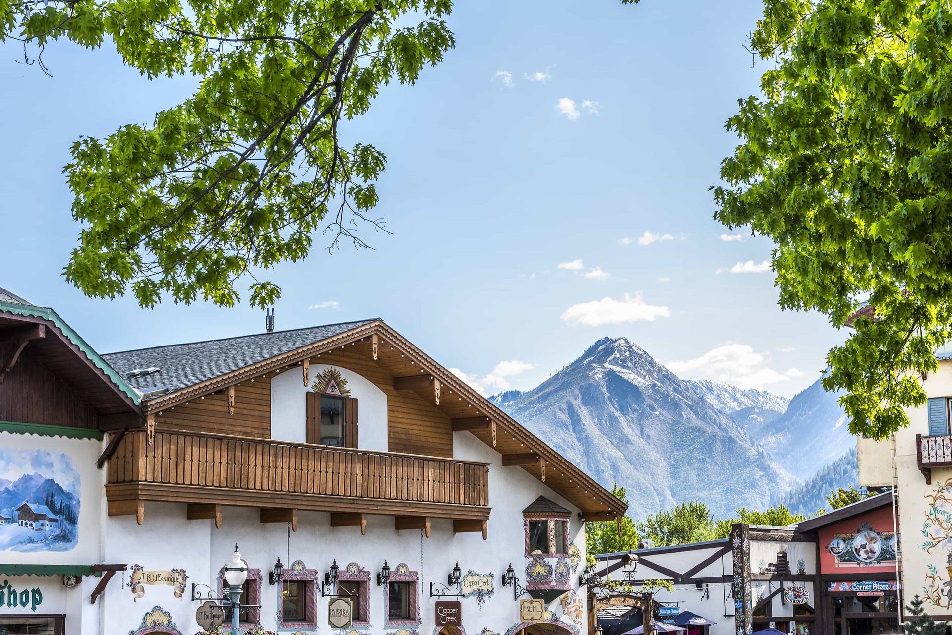 Leavenworth's Bavarian architecture with a mountain view in the background
