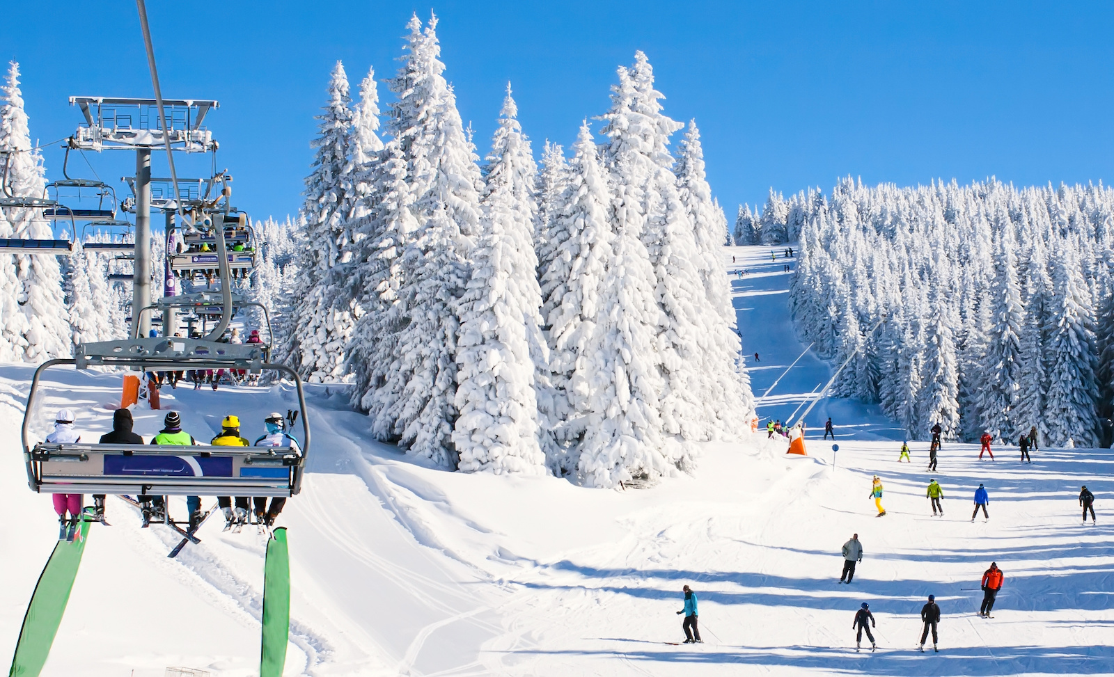 Gondola carrying skiers up a mountain