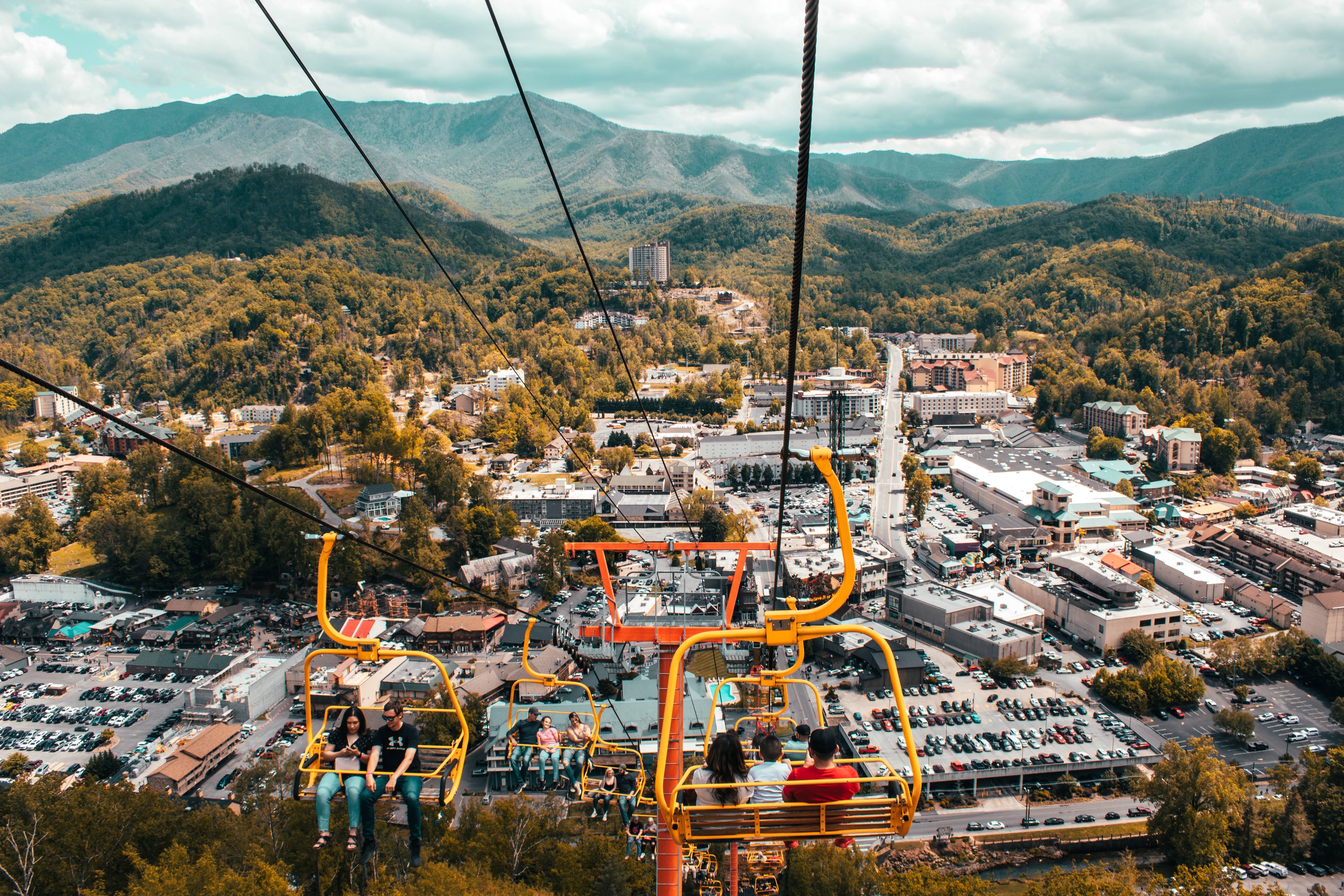 People on cable car overlooking Pigeon Forge, TN.