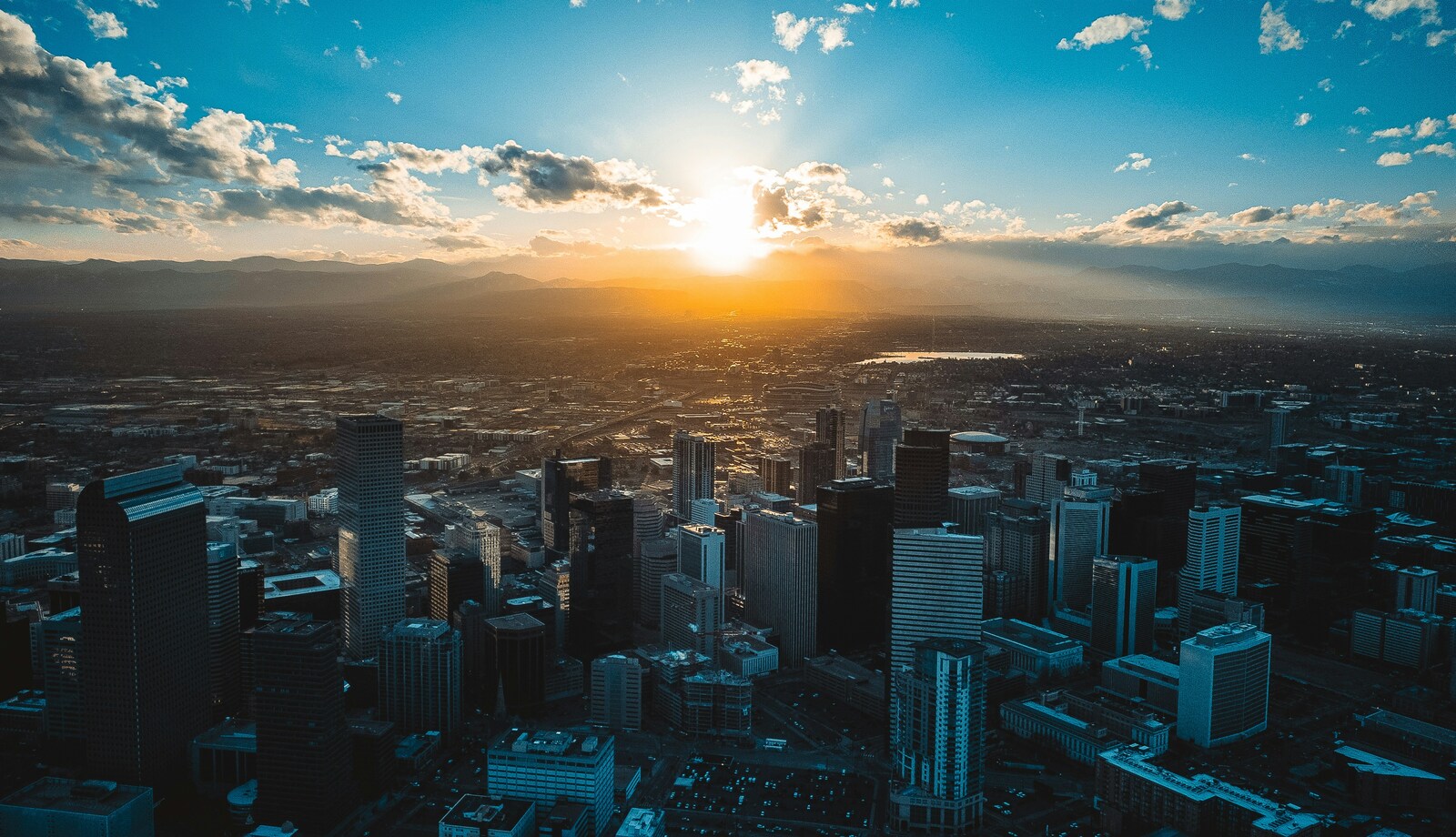 Aerial shot of the city of Denver during a sunrise