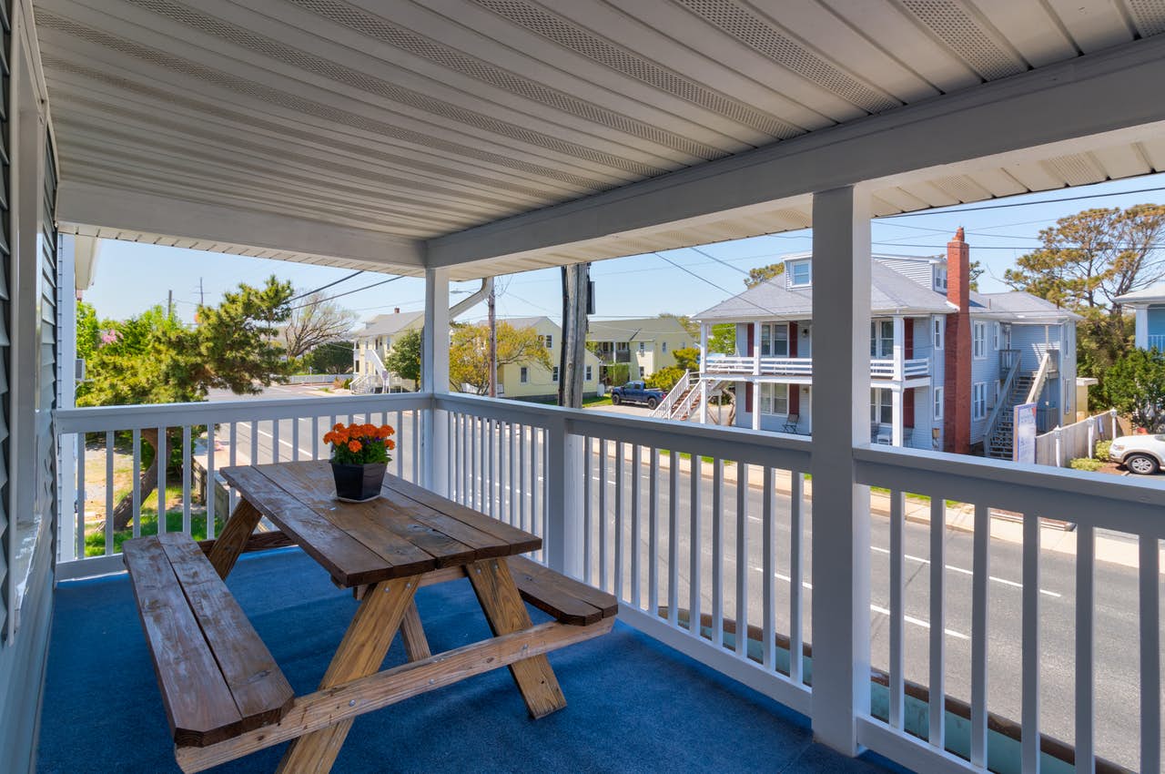 Front porch with picnic table at Ocean City, Maryland vacation rental