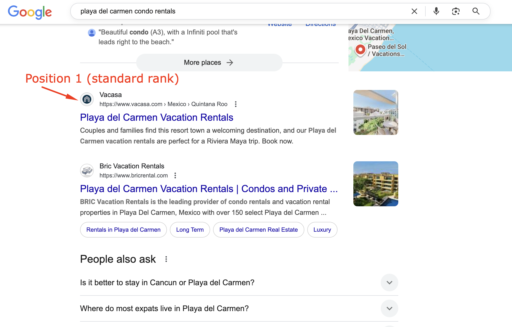 screenshot showing Vacasa ranking in position 1 standard rank for "playa del carmen condo rentals"