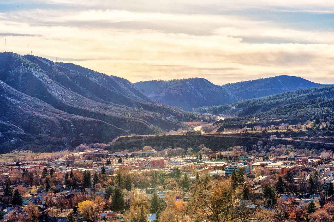 an overview city picture of a colorado mountain town in the winter