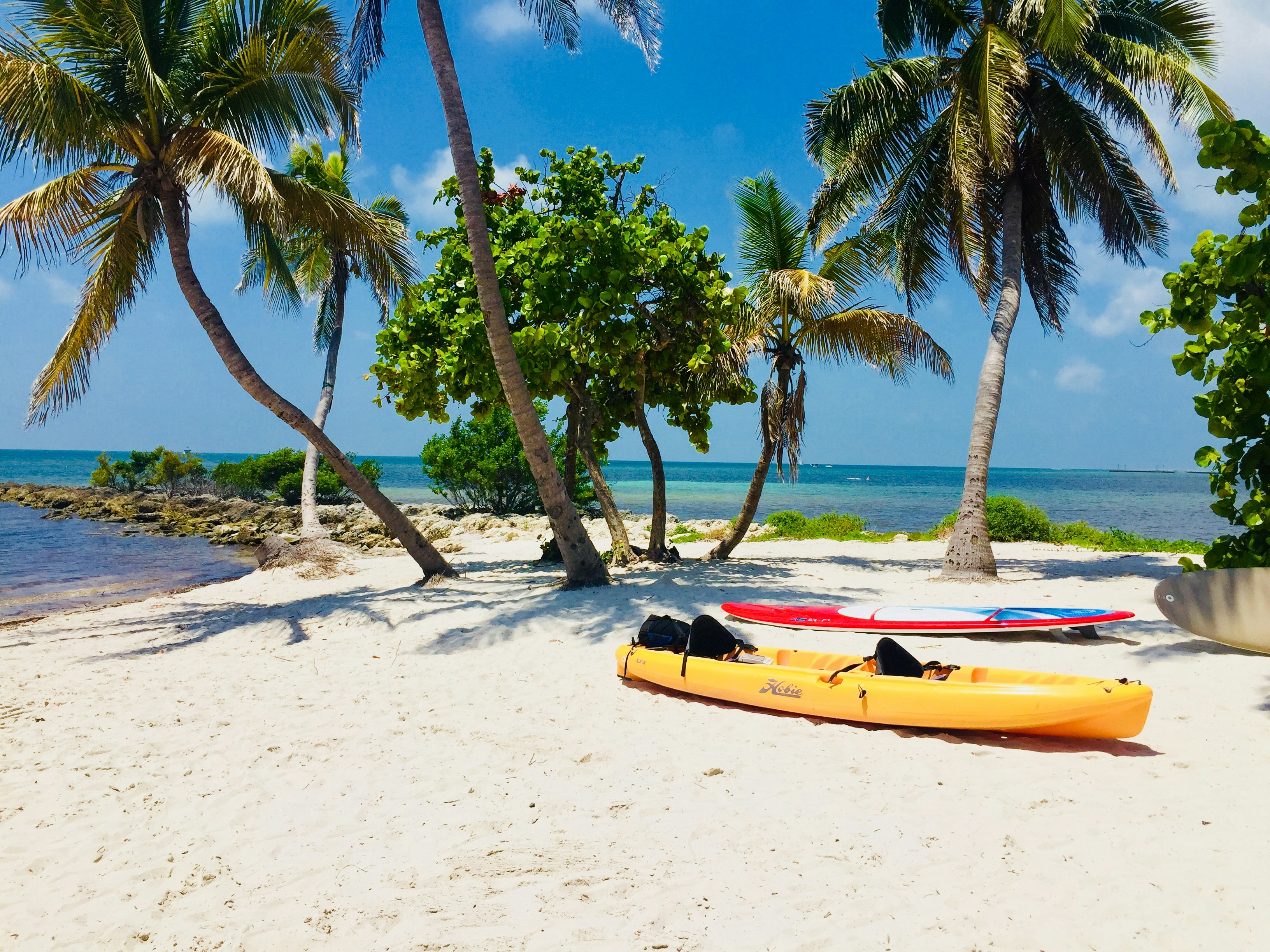 a yellow kayak and red surf board sit on beautiful beach in the florida keys