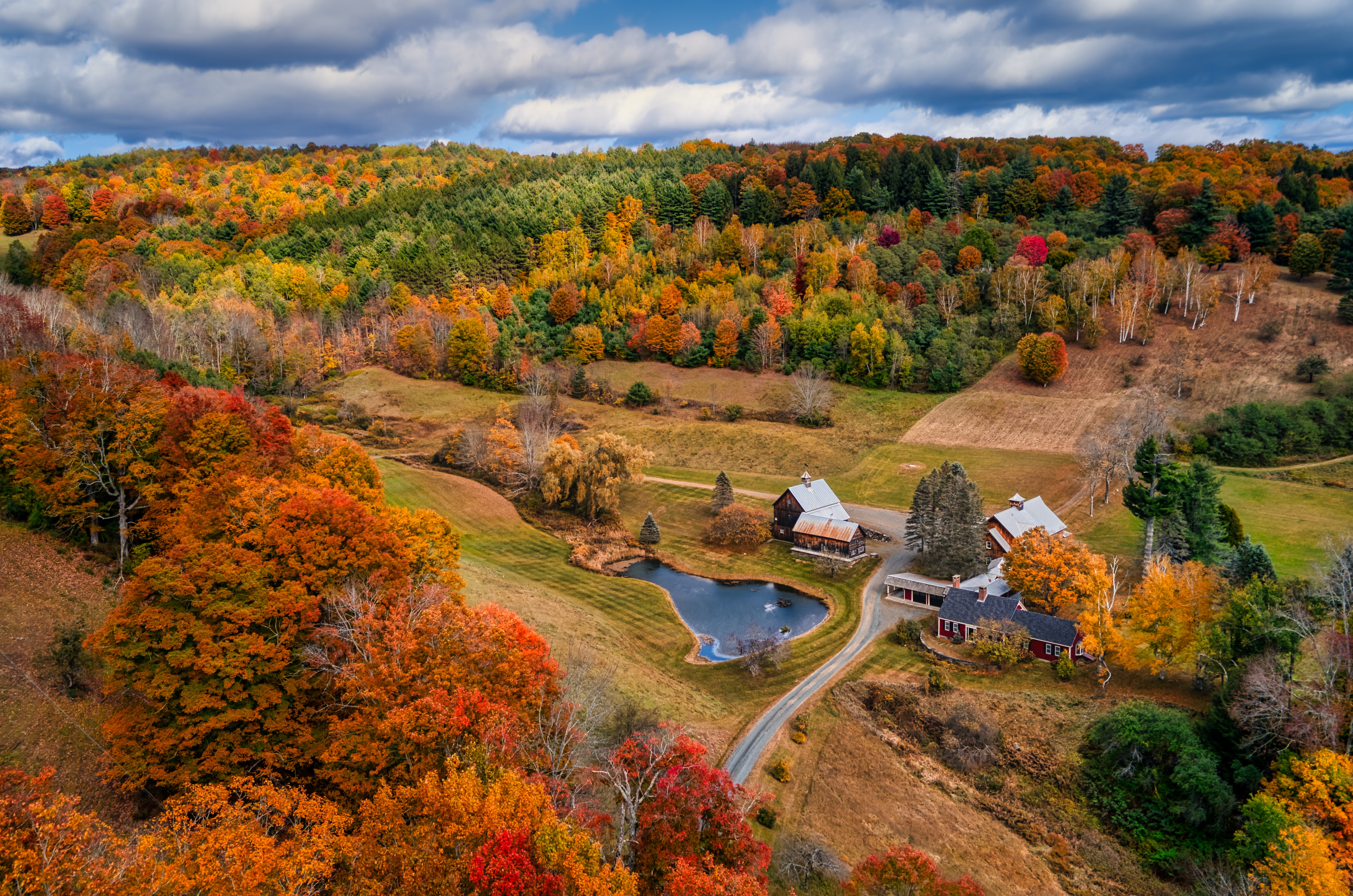 An overview of a farm in Vermont during the fall.