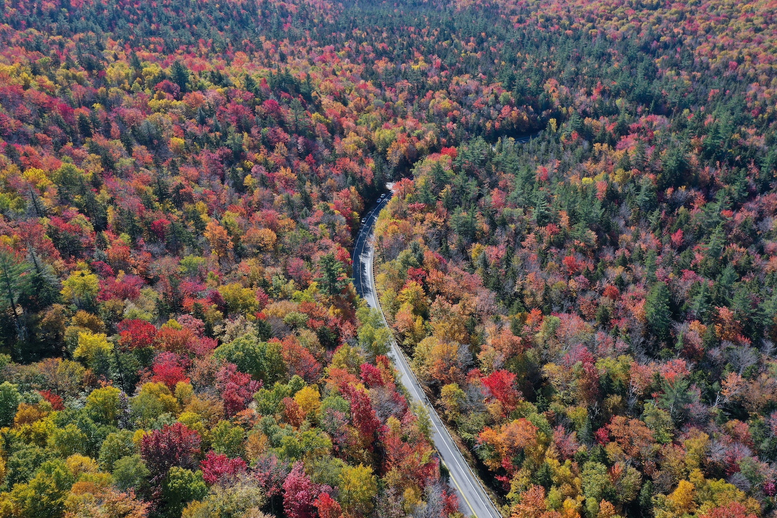 Drone shot of the fall foliage in New Hampshire.