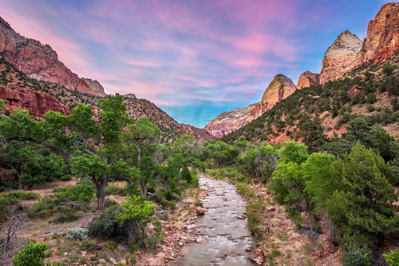 Mountain stream in a canyon valley at Zion National Park